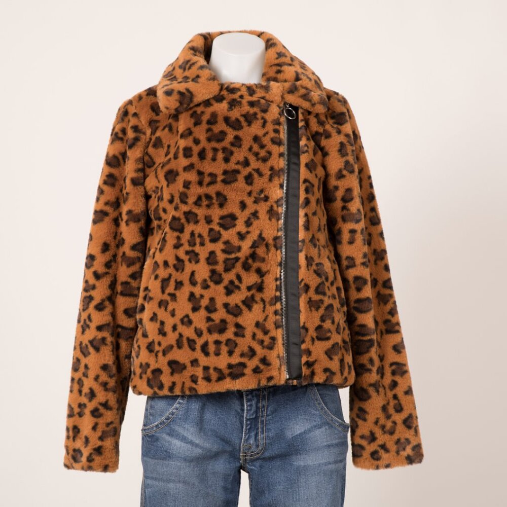 Brave Soul Leopard Faux Fur Asymmetric Zip Jacket
